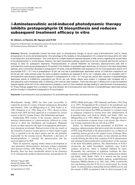 (PDF) δ-Aminolevulinic acid-induced photodynamic therapy inhibits protoporphyrin IX biosynthesis ...