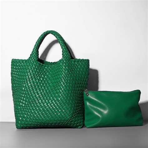 Dark Green Woven Vegan Leather Shopper Bag Large Handbag Soft Purse for ...