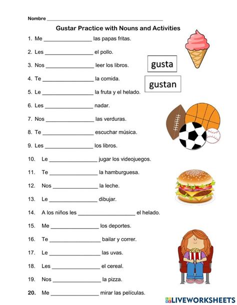 Spanish Gustar Practice with nouns and activities worksheet ...