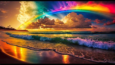 Tropical Island Beach Rainbow Colorful, Landscape Photography, Aspect Ratio 16:8 PNG Digital ...