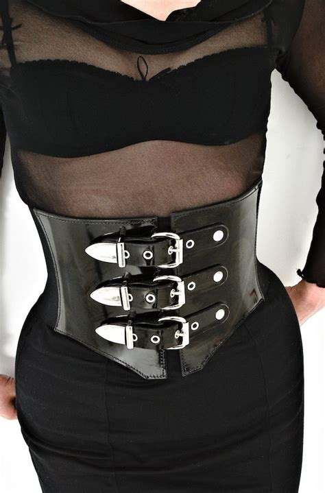 Items similar to Patent Black Leather Corset Belt / Waist Cincher - Three Buckles Front and Back ...