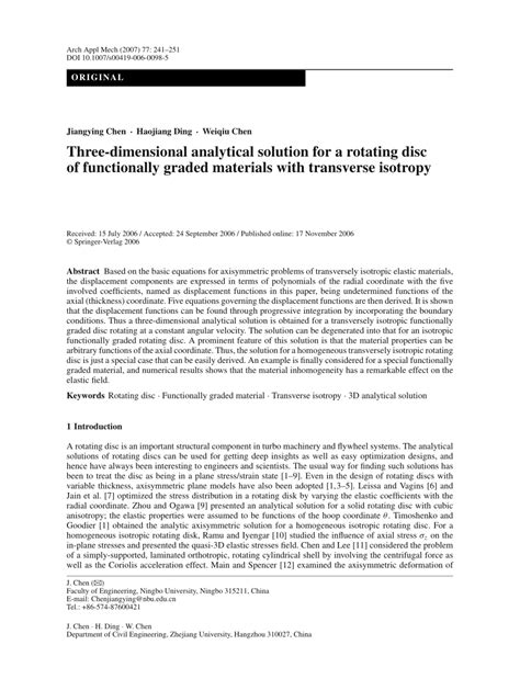 (PDF) Three-dimensional analytical solution for a rotating disc of functionally graded materials ...