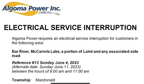 Algoma Power - Service Interruption - Township of Macdonald, Meredith ...