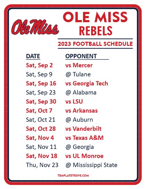 Printable 2023 Ole Miss Rebels Football Schedule