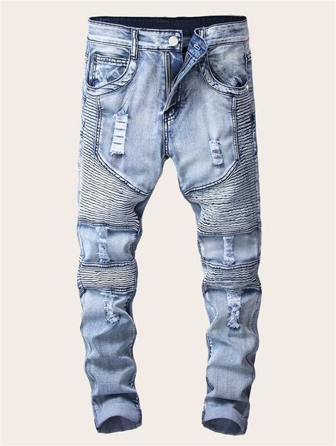 Men Zipper Ripped Washed Jeans | SHEIN UK | Ripped blue jeans, Jeans ...