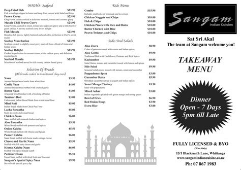 Take Away Menu - Sangam Indian Cuisine