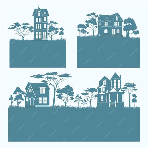 Premium Vector | Blue Building and House With Silhouette Collection