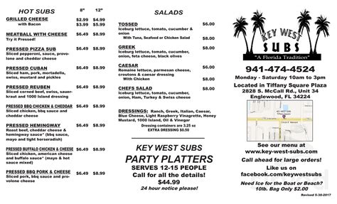 Key West Subs menu in Englewood, Florida, USA