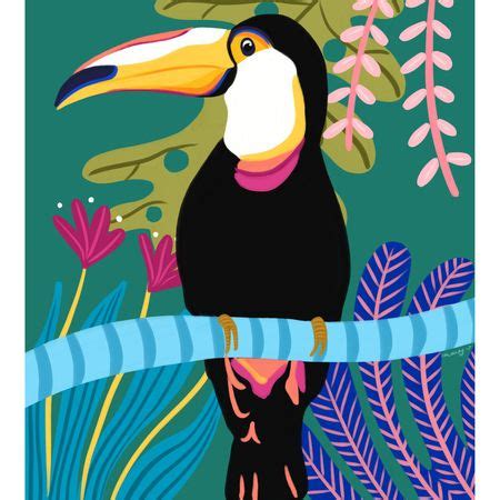 a toucan sitting on top of a tree branch in front of leaves and plants