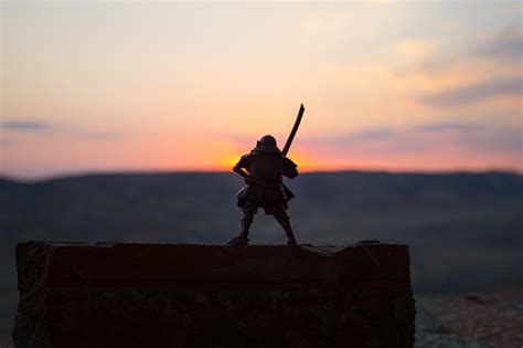 Fighter With A Sword Silhouette A Sky Ninja Samurai On Top Of Mountain With Dark Toned Foggy ...