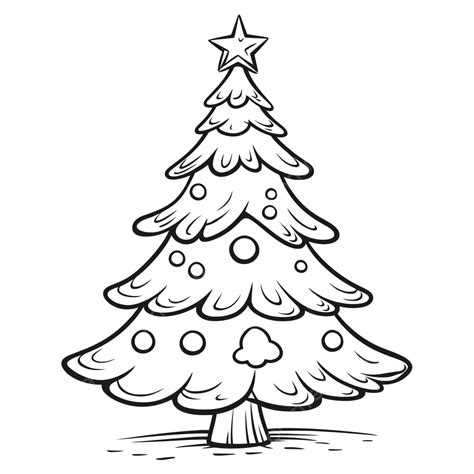 Christmas Tree Coloring Page Drawing On White Background Outline Sketch Vector, Christmas Tree ...