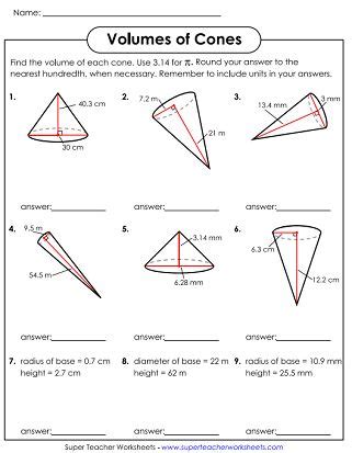 Printable Volume Worksheets (Cones)