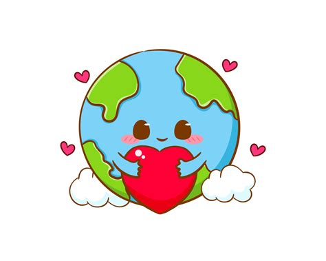 Cute adorable earth cartoon hugs love heart. World earth day concept ...
