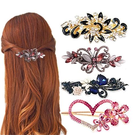 4 Packs Heart Shaped Crystal Butterfly Flower Vintage Hair Barrettes ...