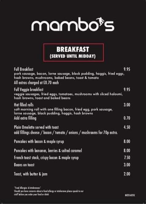 Menu at Mambos pub & bar, Aviemore, Units 12