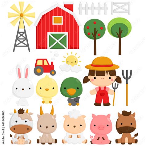 A Vector Set of Cute and Simple Farm Animals at Barn Stock Vector ...