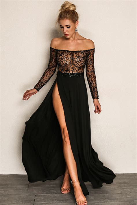 Chic Black Long Sleeve Prom Dress Sequins Evening Gowns With Split