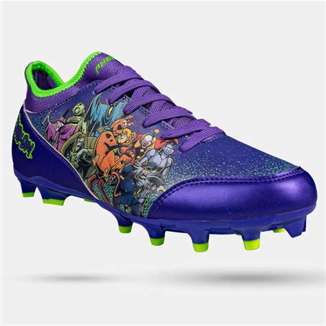 a purple and green soccer shoe with cartoon characters on the upper ...