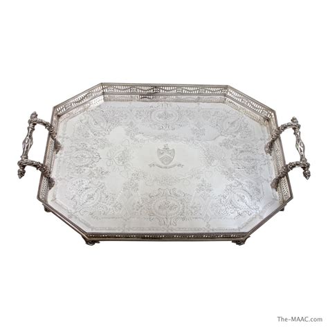 Antique Victorian Sterling Silver Hand Engraved Tray with Pierced Boarder and Cast Mounts ...