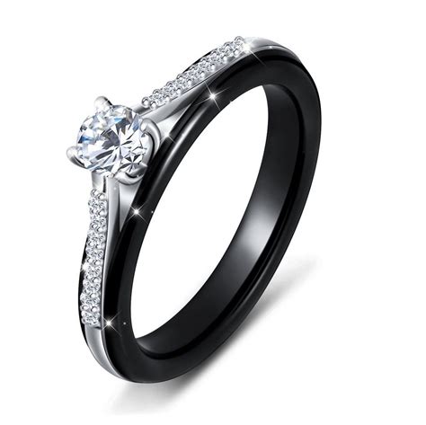 Black Ceramic Bridal Ring for Women Wedding Engagement Crystal Heart Z ...