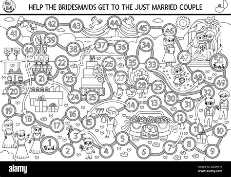 Wedding black and white dice board game for children with cute bride, groom, bridemaids, rings ...