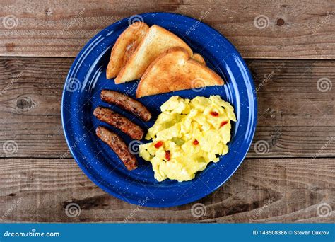 Scrambled Eggs with Peppers Toast and Sausage Stock Photo - Image of ...
