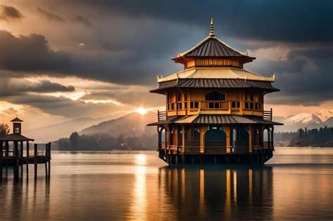 Premium Photo | A temple on the lake at sunset