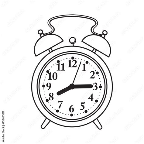 Retro style analog alarm clock, black and white sketch style vector ...