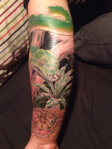 First half of a Reptile tattoo sleeve by Reg at Venom Art | Sleeve ...