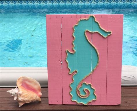 Handmade Seahorse With Rope Beach Pallet Art, Rope Art, Nautical Art, Seahorse Art, Coastal ...