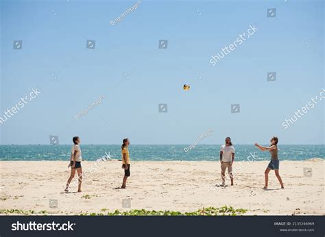 Group Happy People Ing Beach Volleyball Stock Photo 2135246969 ...