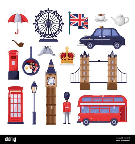 Travel to Great Britain design elements. England and London tourist landmarks, national symbols ...