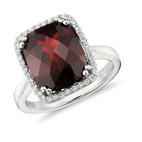 Garnet and Diamond Halo Cushion-Cut Ring in 14k White Gold (12x10mm ...