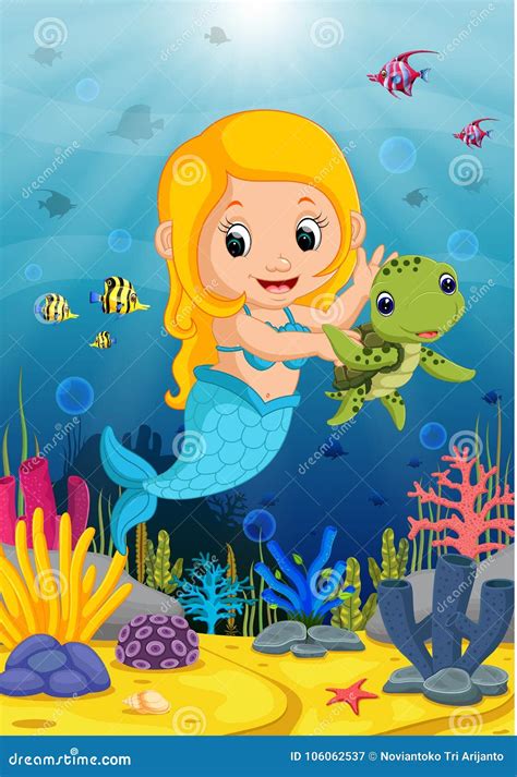 Cartoon Mermaid Underwater Wtih Turtle Stock Vector - Illustration of ...