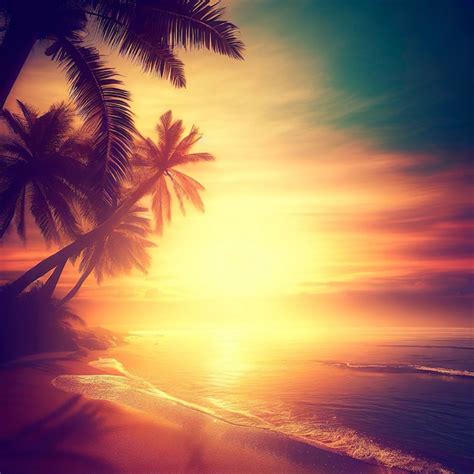 Premium AI Image | A beach at sunset with palm trees and a sunset in ...