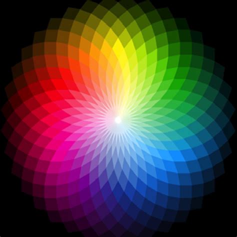 an image of a colorful flower on a black background with the color wheel in the center