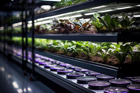 Premium AI Image | Shelved Indoor Farm Utilizing LED Light for Plants