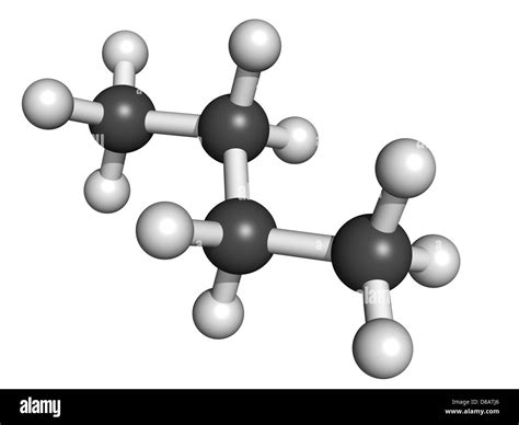 Butane, molecular model. Atoms are represented as spheres with conventional color coding ...