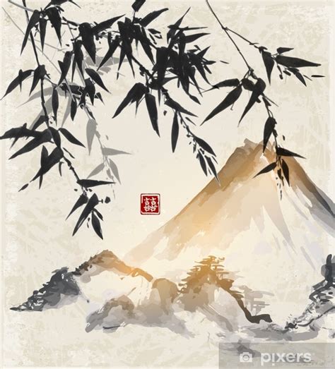 Wall Mural Bamboo and mountains. Traditional Japanese ink painting sumi-e. Contains hieroglyph ...