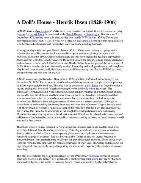 Critical Analysis Of A Dolls House By Ibsen - Dollar Poster