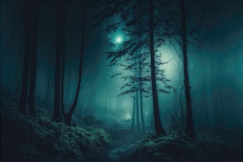 Premium Photo | Enigmatic foggy forest at night