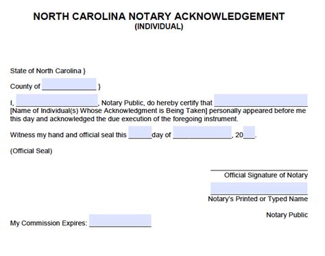 Free North Carolina Individual Notary Acknowledgement - PDF - Word