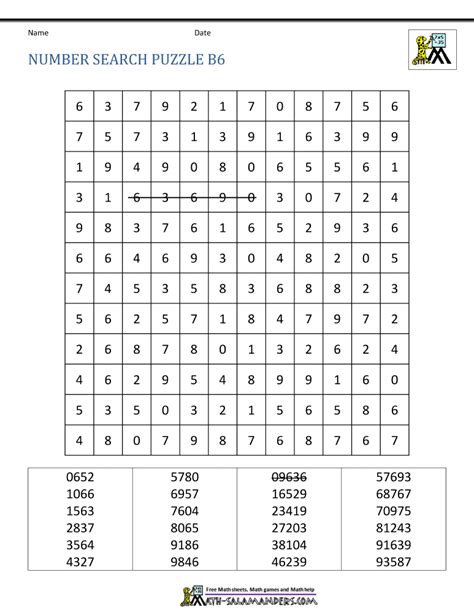 Number Search Puzzle Sheets