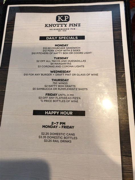 Menu at Knotty Pine pub & bar, Baltimore