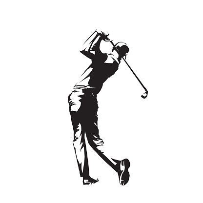 the silhouette of a man playing golf on a white background, black and white illustration