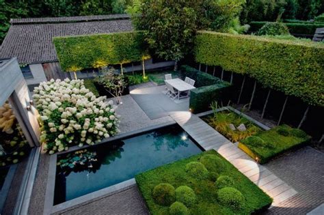 Gartenplanung Ideen vogelperspektive-pool-geformte-hecken-essbereich-ziegelboden-ga… | Modern ...