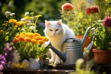 White cat in flower garden 27428610 Stock Photo at Vecteezy