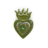 Green & Gold Flaming Sacred Heart Circuit Board Pin/Pendent by Marion Martinez