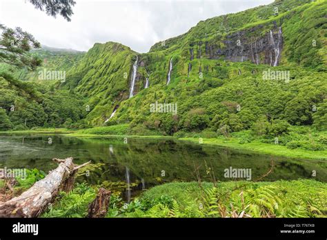 A wide angle view of the Poco Ribeira do Ferreiro waterfalls on Flores ...