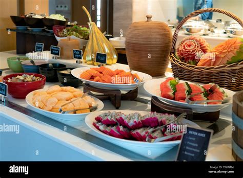 Buffet meal at a hotel, continental breakfast, friuts and yogurt on the table Stock Photo - Alamy